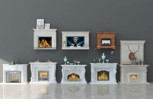 法式石材雕花壁炉、火焰、摆件