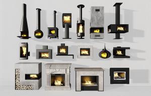 现代黑色金属壁炉、火焰