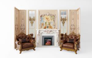 欧式古典金色雕花壁炉、雕花装饰画、单人沙发