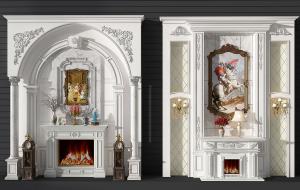 古典欧式雕花壁炉、背景墙、装饰画