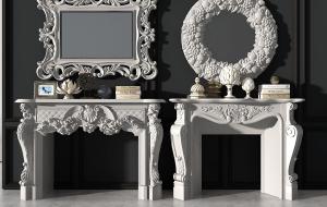 法式雕花古典壁炉、摆件、装饰镜子