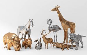 几何金属长颈鹿、鳄鱼、犀牛、火烈鸟、马雕塑 摆件