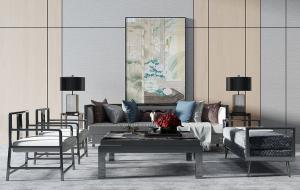 新中式沙发、茶几和美人榻组合