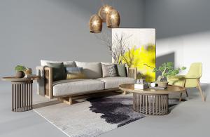 新中式实木沙发、茶几和藤编吊灯组合