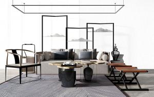 新中式沙发、茶几，马扎凳子和屏风组合