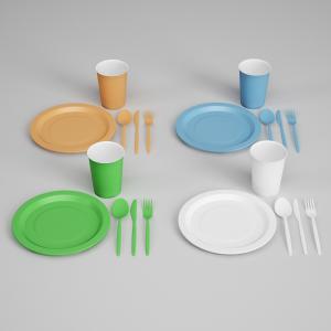 塑料盘子、杯子、勺子叉子餐具组合3d模型 塑料盘子、杯子、勺子叉子餐具组合