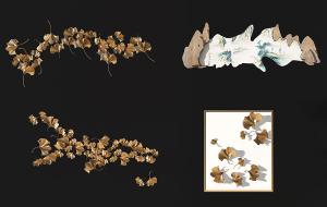 新中式金属银杏叶墙饰、挂画、立体画