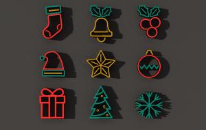 圣诞节袜子、帽子、礼盒、雪花装饰霓虹灯