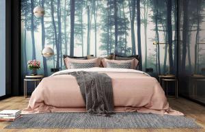 现代轻奢双人床、粉色布艺床品、树木壁纸背景墙组合