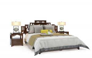 中式元素实木床头双人床、床头柜组合