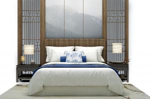 中式实木床头双人床、青花瓷图案靠垫组合