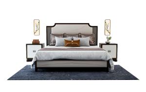 新中式软包床头双人床、墙饰组合