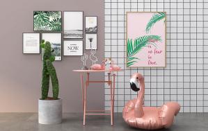 北欧火烈鸟摆件装饰、植物风景照片墙组合