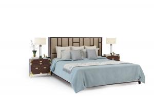 新中式软包转角床头双人床、中式元素床头柜