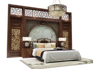中式实木镂空雕花床头双人床、实木床头背景墙组合