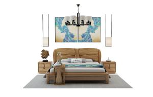 新中式实木双人床、床垫、装饰画组合