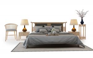 新中式橡木软包床头双人床、花架组合