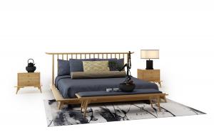 中式实木栏杆床头双人床、床头柜、床尾凳组合