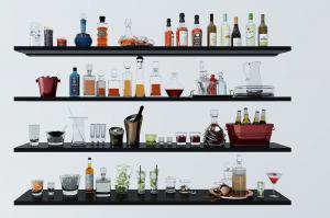 现代酒吧酒瓶、冰桶、洋酒、酒杯置物架