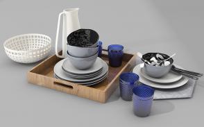 陶瓷碗盘、蓝色玻璃水杯餐具3d模型 陶瓷碗盘、蓝色玻璃水杯餐具