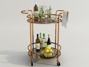 金色金属餐车酒瓶、酒杯、饮料