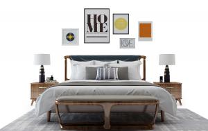 北欧实木双人床、床头柜、床尾凳