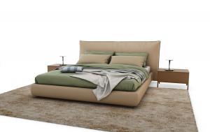 现代真皮软包双人床、实木床头柜组合