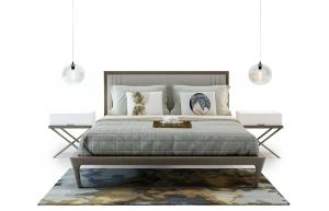 新中式软包床头实木双人床、球形床头灯