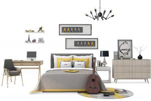 现代布艺双人床、书桌椅、吉他