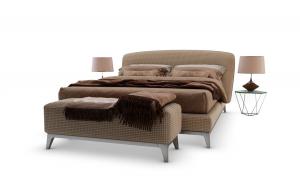 现代简约布艺软包双人床、铁艺床头柜组合