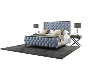 简欧蓝色软包布艺双人床、轻奢床头柜组合