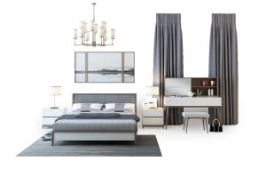 新中式灰色软包床头双人床、梳妆台组合