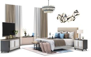 新中式皮革软包床头双人床、电视柜