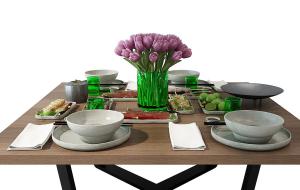 郁金香花瓶、碗盘餐具、水果食品