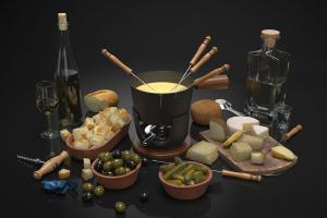 香槟、白兰地、酒杯酒瓶、汤锅、酸黄瓜、面包块食品