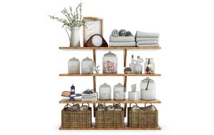 卫生间置物架、毛巾、收纳筐和洗浴用品摆件