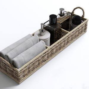 卫生间编制收纳篮、沐浴用品、毛巾