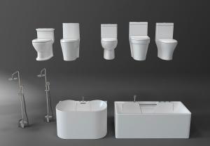 现代卫生间浴缸、马桶、淋浴头花洒