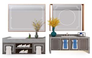 中式卫生间洗手台、毛巾香皂、花瓶