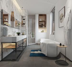 现代卫生间卫浴用品、浴缸和浴袍