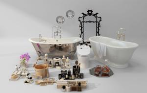 欧式浴缸、镜子、卫浴用品和马桶