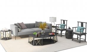 新中式沙发、茶几、坐墩和台灯组合