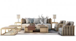 新中式沙发、茶几、坐墩和台灯组合