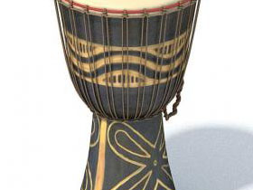 灰色底、黄色图案装饰的羊皮鼓 非洲鼓
