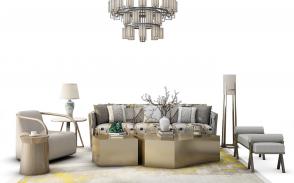 新中式沙发、茶几和吊灯组合