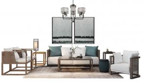 新中式沙发、茶几、坐墩和吊灯组合