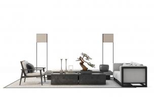 现代中式沙发、茶几和落地灯组合