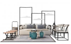 新中式沙发、茶几和台灯组合