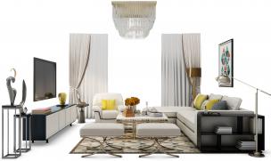 新中式沙发、茶几、电视柜、窗帘和吊灯组合