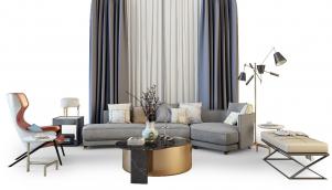 新中式沙发、茶几和窗帘组合